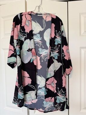 Pink Milly Black Floral Kimono Cardigan with Pink & Mint Blooms